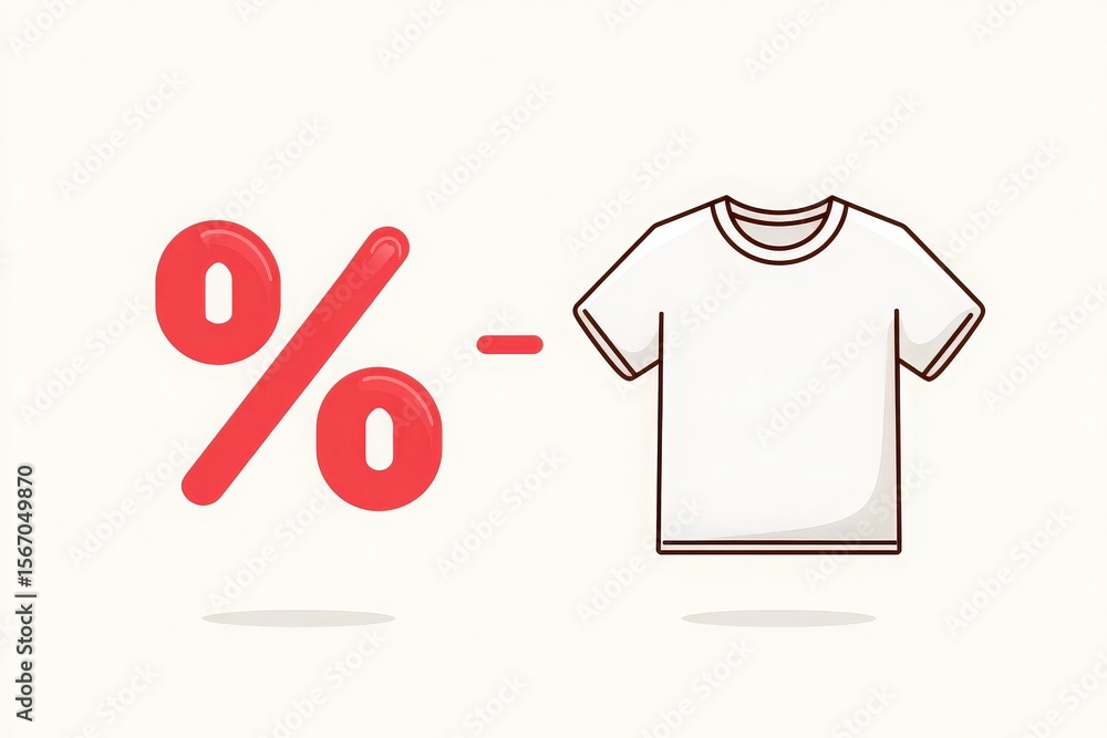 An illustration showcases a bright red percentage symbol next to a simple outline of a t-shirt, symbolizing a discount offer. The design suggests a promotional sale for clothing.