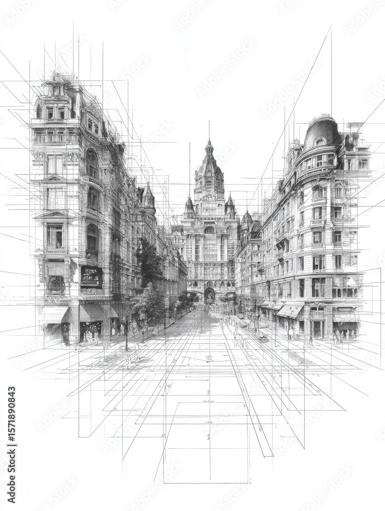 An intricate architectural drawing showcases a city street lined with elegant historic buildings.