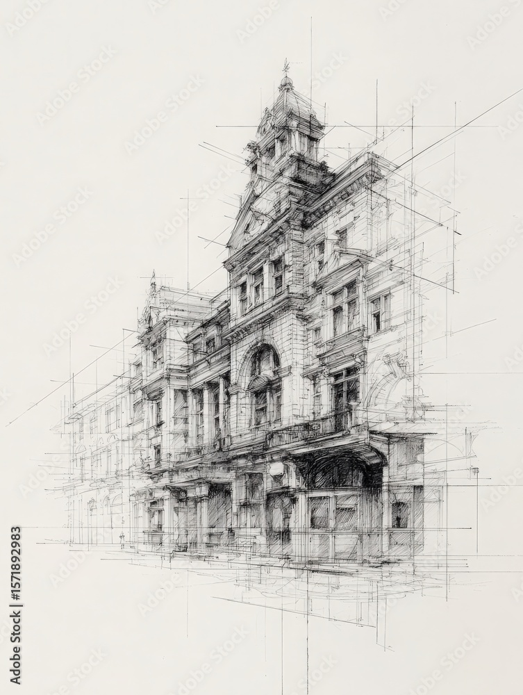 An intricate architectural sketch captures a historic buildings facade amidst a structured layout. The detailed lines and shading emphasize the architectural features, showcasing artistic talent.