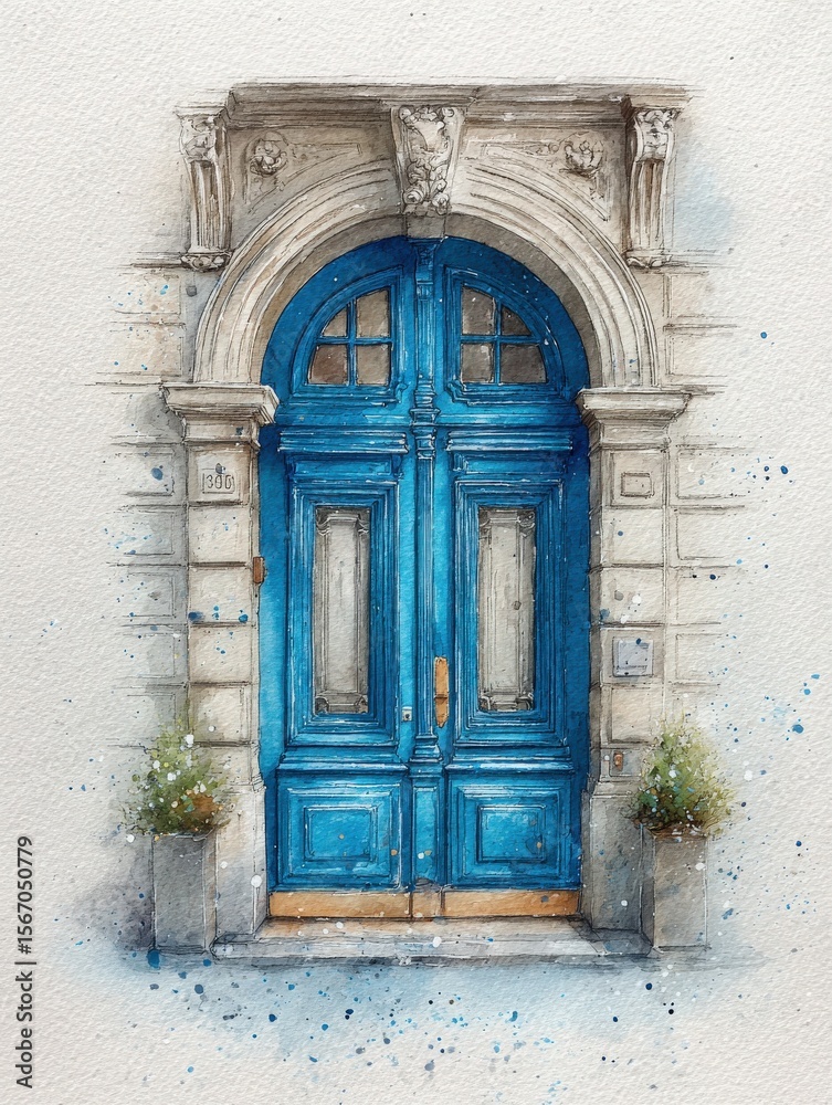 An intricate blue door with elegant detailing stands prominently against a light stone facade. Potted plants beside the door enhance the inviting atmosphere of the urban scene.