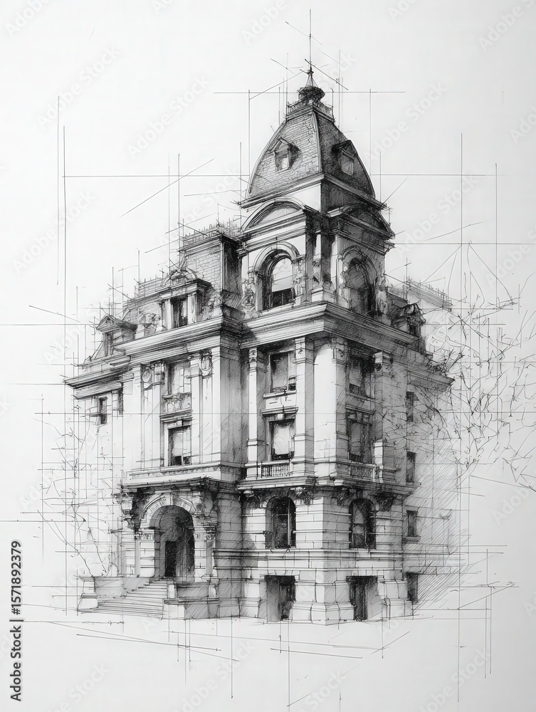 An intricate sketch reveals the facade of a historic building featuring ornate architectural elements. The structure includes a prominent dome and elaborate carvings, highlighting classical design.