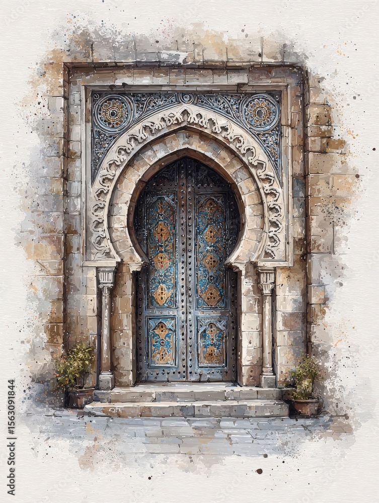 An intricately designed door features stunning patterns and colors, surrounded by stone walls in an ancient architectural style. Potted plants add a touch of nature to the charming entrance.