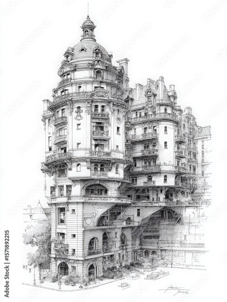 An intricately detailed building stands tall with multiple levels, showcasing a blend of historical and modern architectural elements.