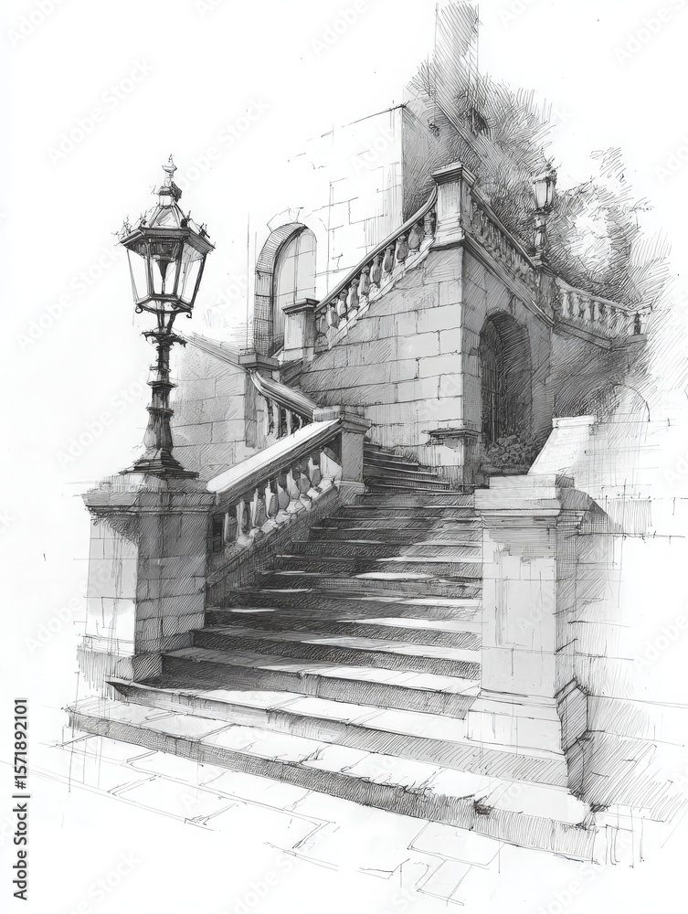 An ornate staircase ascends to a historic entrance, framed by decorative railings. Vintage lamp posts illuminate the pathway, creating a charming ambiance in this architectural drawing.