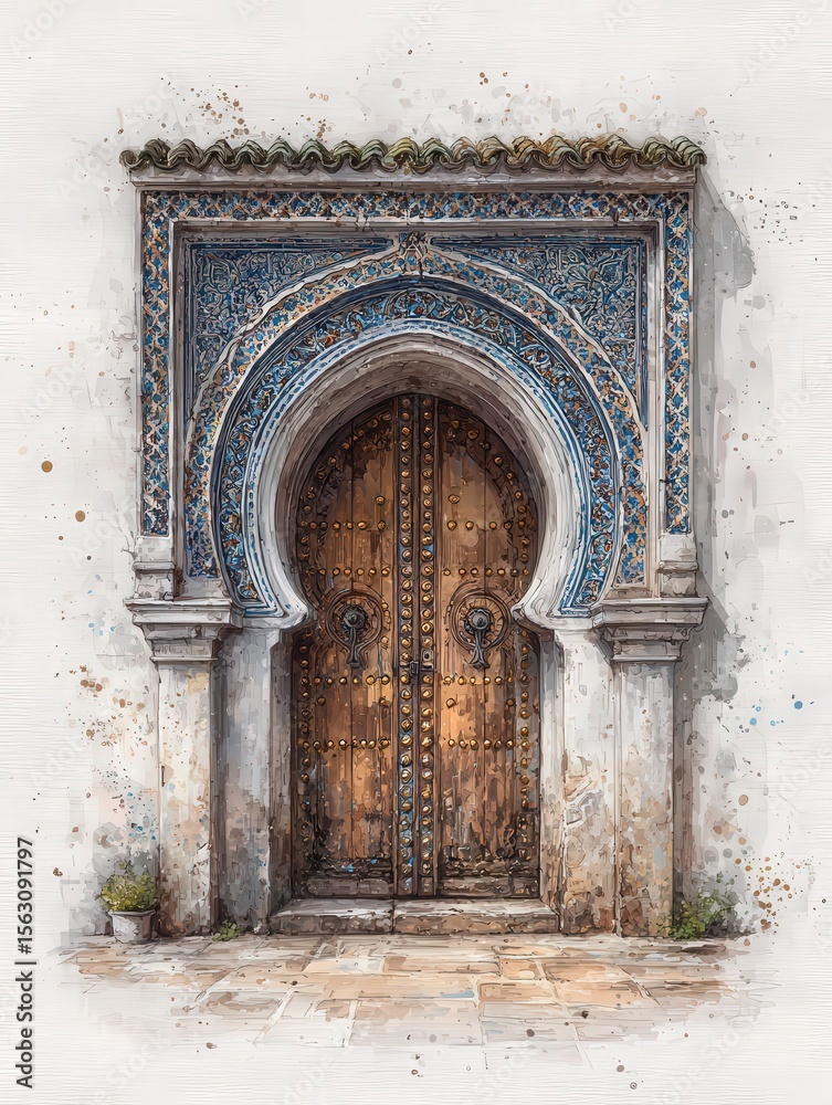 An ornate wooden door adorned with intricate carvings stands beneath a stunning blue tile archway.