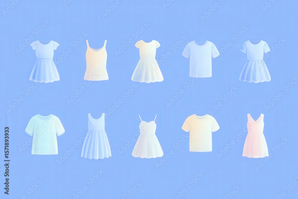 Array of pastel dresses and tops arranged in a grid on a light blue background. This fashion display combines a variety of styles suitable for warm weather, showcasing summer trends.