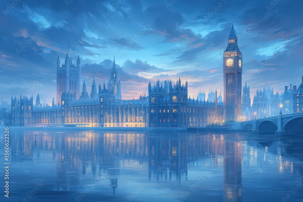 Beautiful twilight captures the Houses of Parliament and Big Ben reflected in calm waters. The soft glow of lights enhances the serene atmosphere of this iconic London landmark.