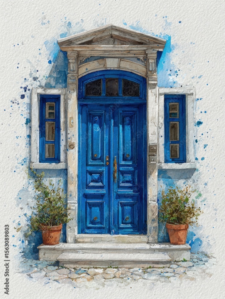 Bright blue double doors stand at the entrance of a stone house, complemented by small windows and potted plants on either side, embodying the charm of a Mediterranean village.