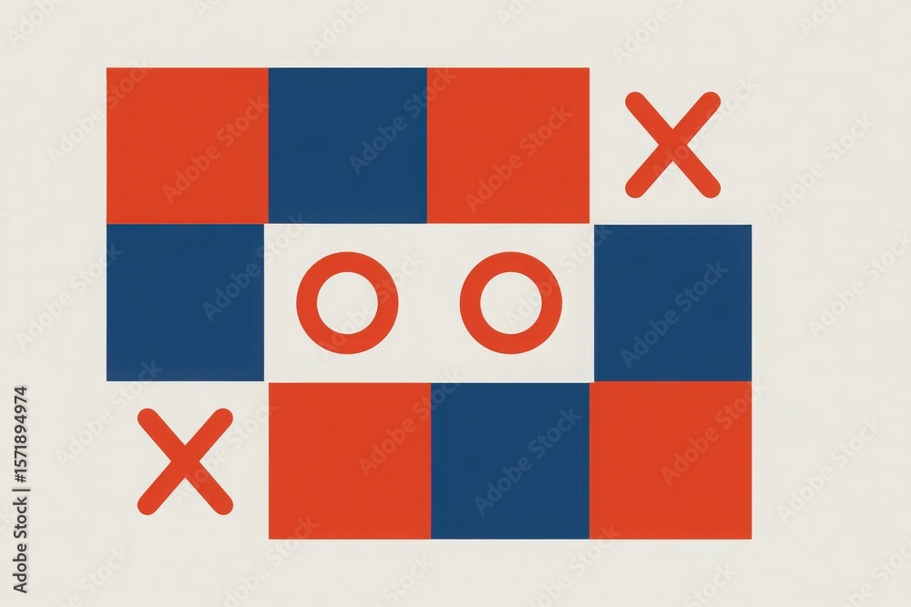 Bright geometric design features red and blue squares surrounding two circles with crosses. The arrangement creates a playful and modern aesthetic, suitable for various artistic applications.