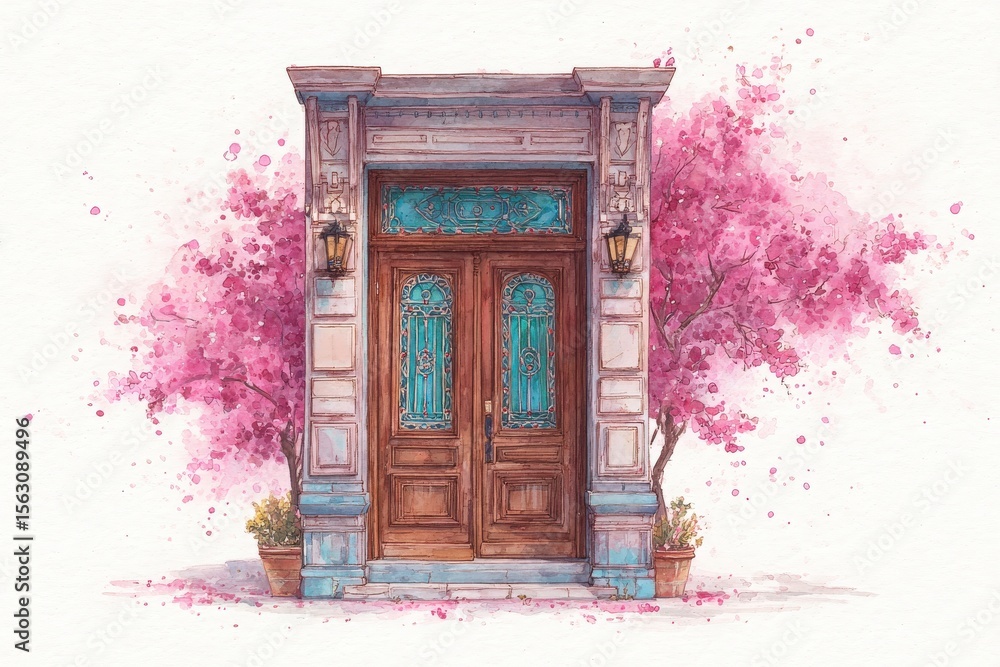 Bright wooden door with intricate designs stands proudly, surrounded by vibrant pink cherry blossoms. Potted plants add charm to the welcoming entrance, perfect for a spring day.