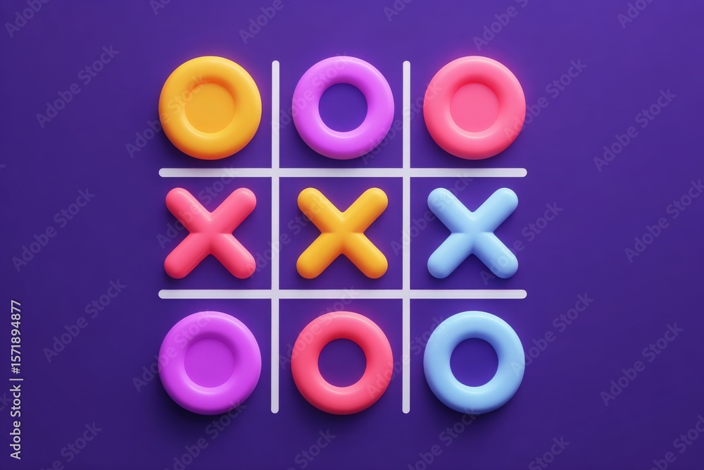 Brightly colored game pieces arranged on a tic-tac-toe grid highlight the playful spirit of this classic game. Circular and cross shapes in various colors add a lively touch to the violet backdrop.