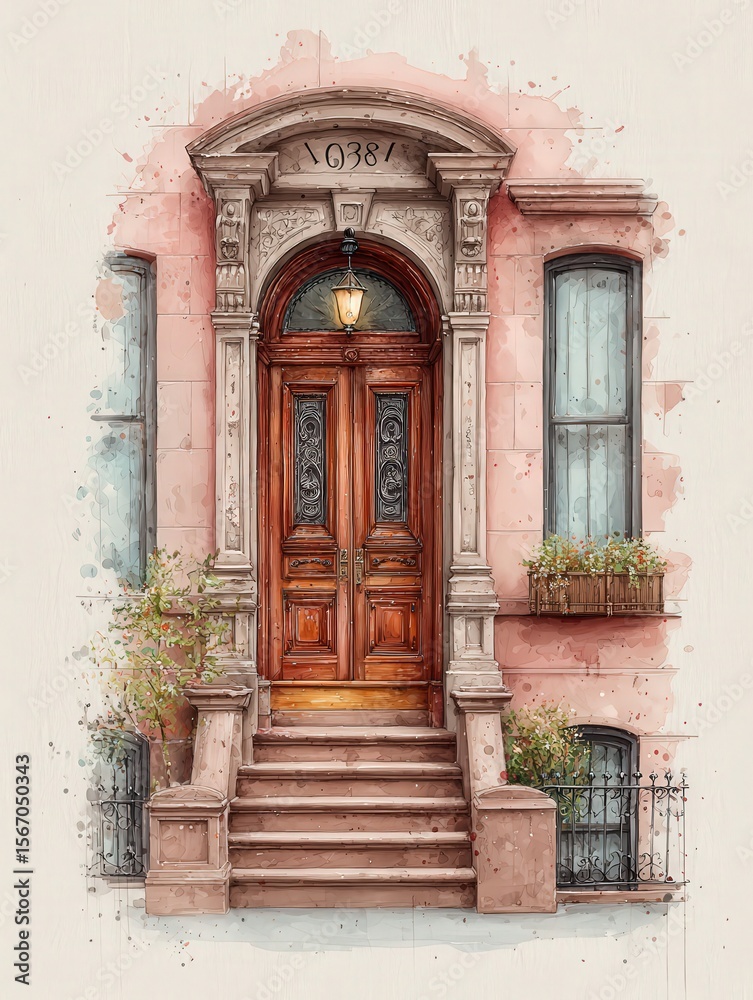 Charming brownstone entrance featuring intricate wooden doors and elegant archways. A warm light glows from a wall fixture, while flower boxes add color to the serene urban landscape.