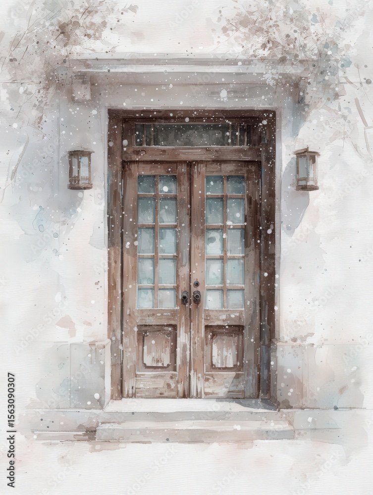 Charming wooden doors stand framed by a white exterior, softly dusted with snowflakes. Lanterns glow gently beside the entrance, evoking a serene winter atmosphere.