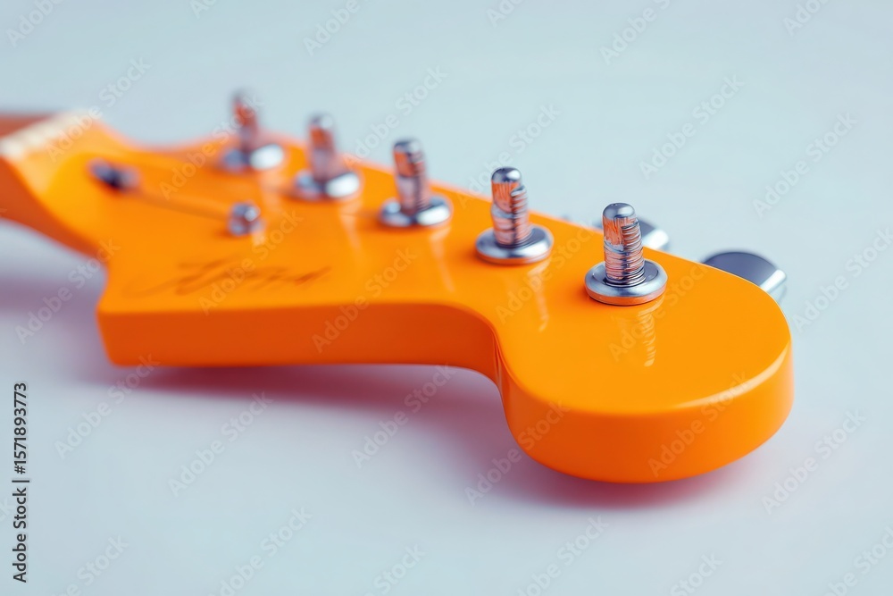 Close-up view of a bright orange guitar headstock revealing tuning pegs and polished metal components. The design emphasizes creativity and artistry in musical instrument manufacturing.