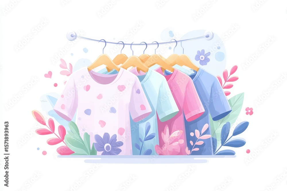 Colorful shirts are hanging from a clothes rack, surrounded by vibrant flowers and leaves. The shirts display various patterns and colors, creating a cheerful and lively atmosphere.