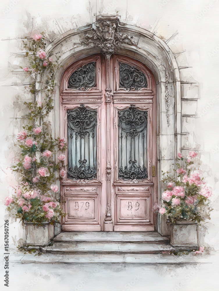 Decorative pink doors, featuring intricate wrought iron details, stand framed by lush flowering plants. The architectural beauty showcases timeless elegance in a serene environment.