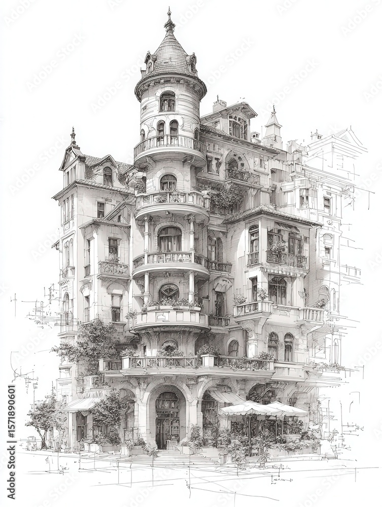 Detail-rich sketch showcases a vintage building with ornate balconies and unique spires in a lively city.