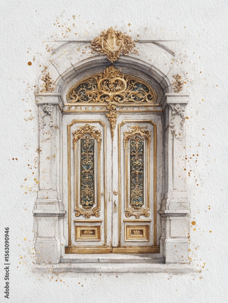 Detailed ornate door showcases elegant golden accents and intricate patterns. The architecture reflects timeless design elements, evoking a sense of history and grandeur.