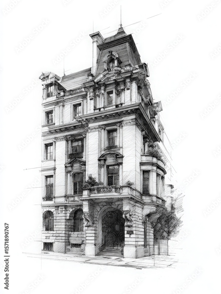 Detailed sketch of a historic building showcasing elegant architecture, intricate details, and ornamental features. The structure stands in an urban environment surrounded by plants and greenery.