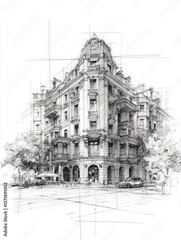 Detailed sketch showcases a grand historic building with intricate designs located in a lively urban setting. Surrounding trees and vintage cars add to the vibrant atmosphere of the street.