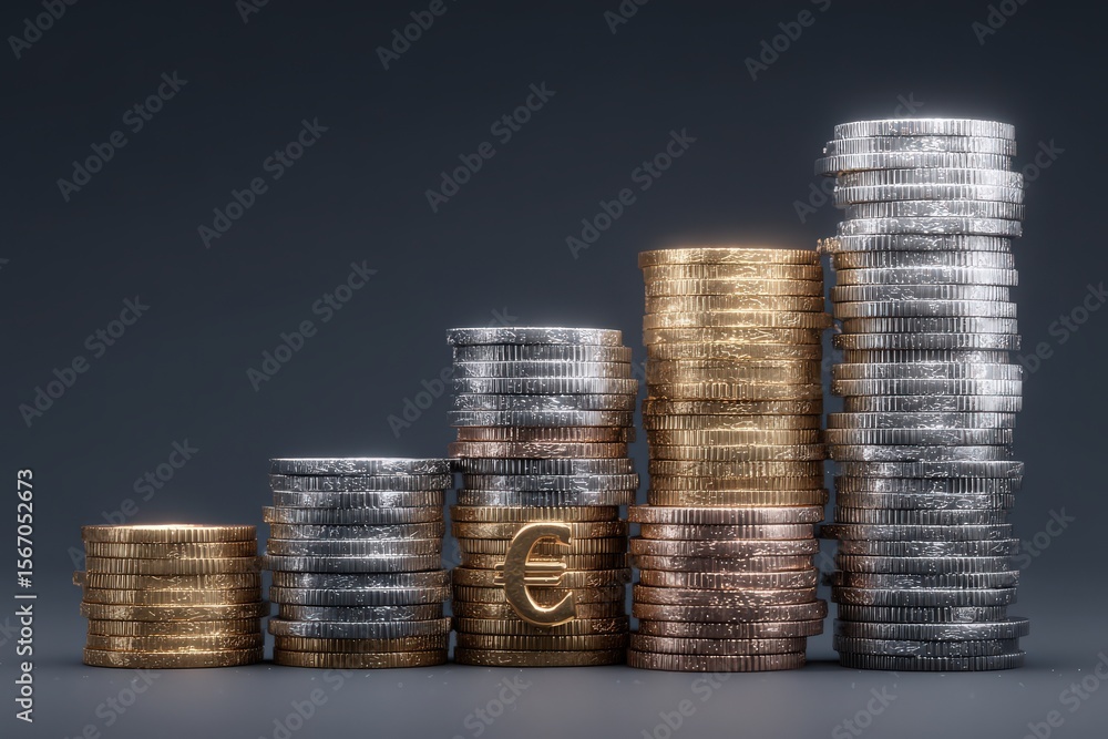 Different stacks of coins show diverse heights and colors, indicating financial growth and investment potential. The arrangement presents a visually striking representation of wealth accumulation.