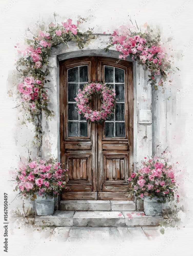 Double doors made of dark wood stand prominently, decorated with a floral wreath and surrounded by lush pink blooms in pots. The setting feels inviting and serene, showcasing a charming entrance.