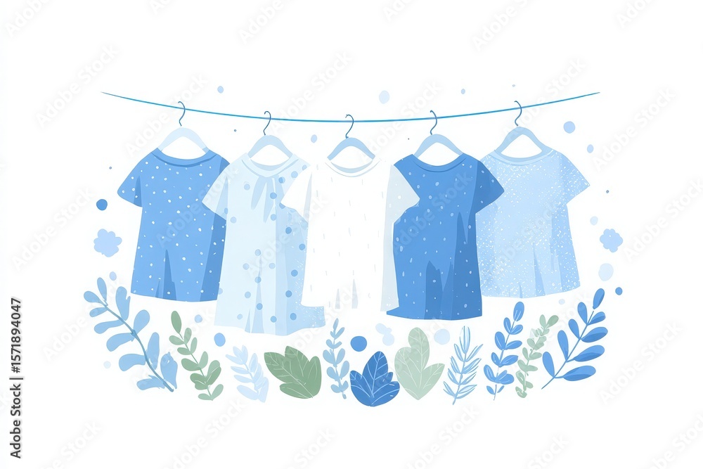 Five articles of clothing hang on a clothesline, gently swaying in the breeze. The garments are various shades of blue and white with delicate patterns.