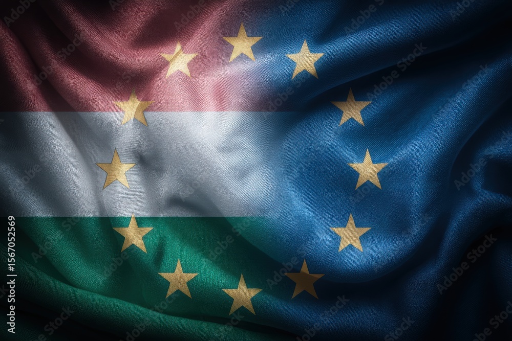 Hungarian and European Union flags are displayed together, symbolizing a bond between Hungary and the European community. The colors of both flags merge to highlight collaboration and shared values.
