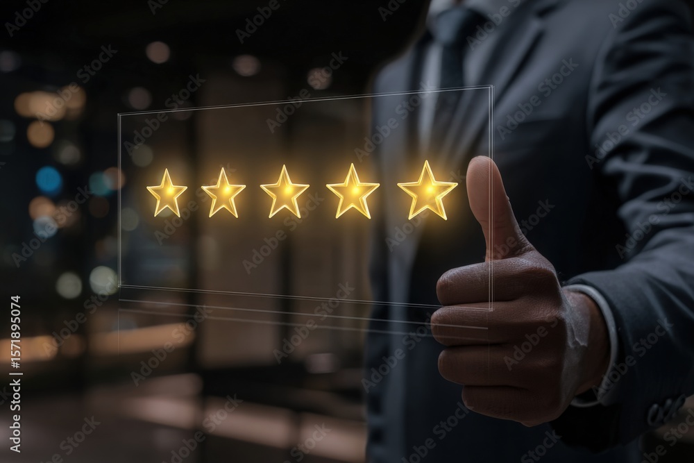 In a contemporary office environment, a businessman with a thumbs up indicates satisfaction while five glowing golden stars hover in front of him. The setting reflects a positive atmosphere.