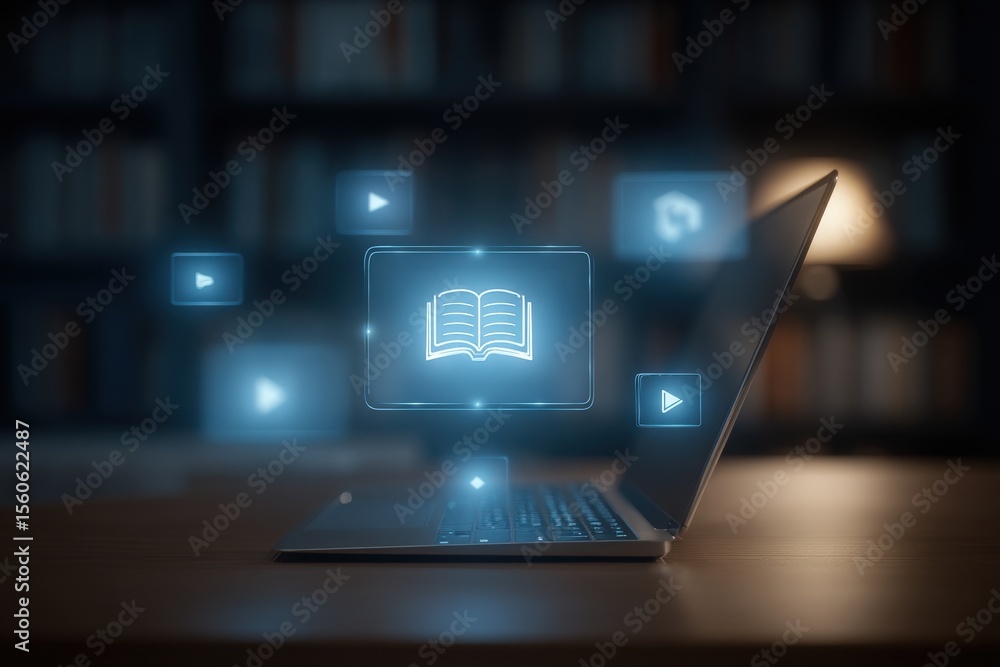 In a cozy workspace, a laptop sits open on a wooden desk, surrounded by holographic icons representing books, videos, and multimedia resources.