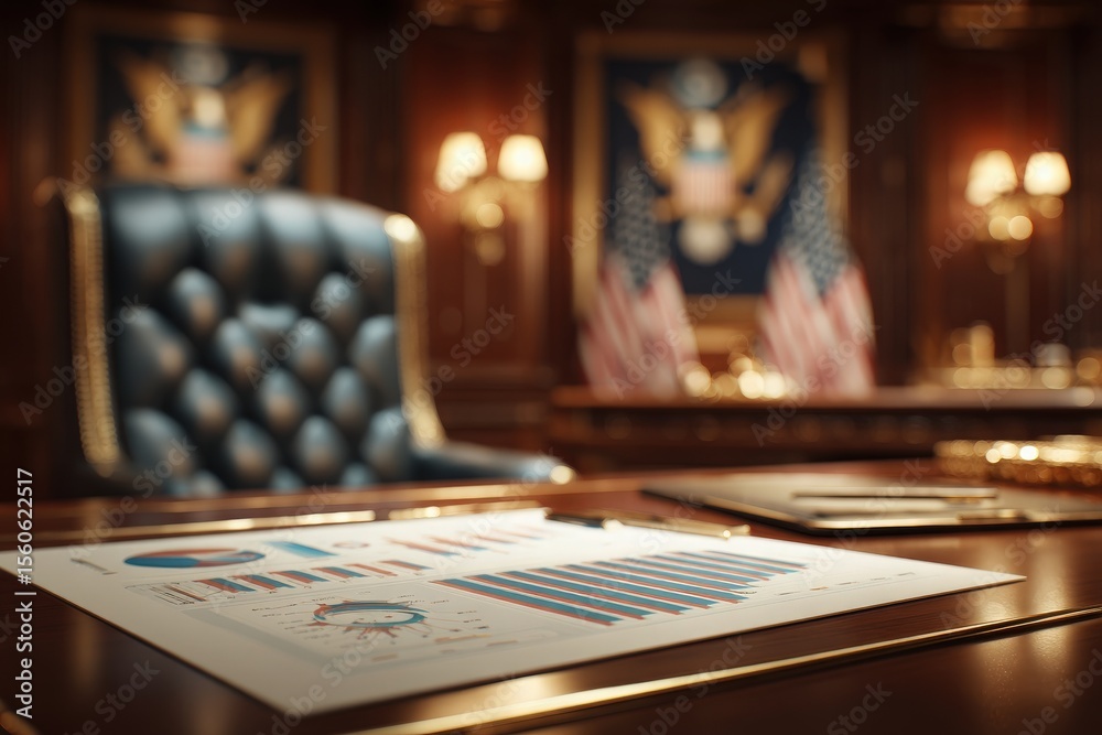 In a richly decorated office, a polished desk features various charts and graphs, suggesting a business meeting. Flags can be seen in the background, indicating a formal atmosphere.