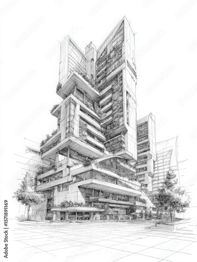 Innovative construction showcases a striking multi-level structure with balconies and terraces adorned with plants. The architectural details emphasize clean lines and contemporary aesthetics.