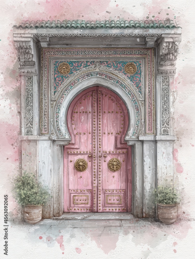 Intricate pink doors adorned with carvings and brass lion head knockers stand gracefully in a quaint Moroccan setting. Potted plants frame the entrance, enhancing the artistic atmosphere.