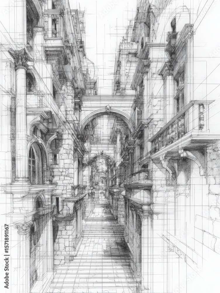 Intricate sketch showcases a historic building corridor filled with detailed arches and columns.