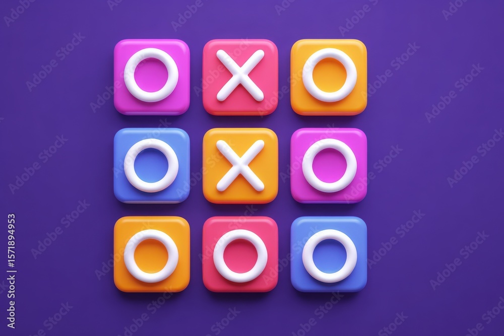 Players engage in a lively game of tic tac toe using vibrant square tiles. The bright colors add a playful touch to this timeless strategy game set against a rich purple backdrop.
