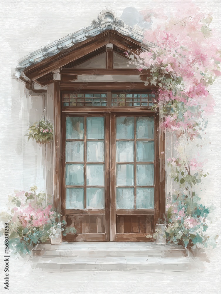 Rustic wooden double doors stand framed by vibrant pink flowers, creating a serene atmosphere. The delicate architecture showcases intricate details, set against a peaceful backdrop.