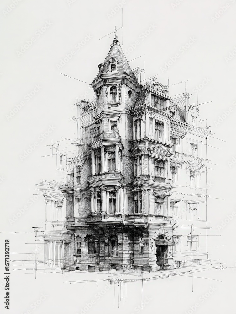 The artwork displays a detailed sketch of a historic building with ornate design features. The structure is presented with a mix of sharp lines and shading, emphasizing its architectural beauty.