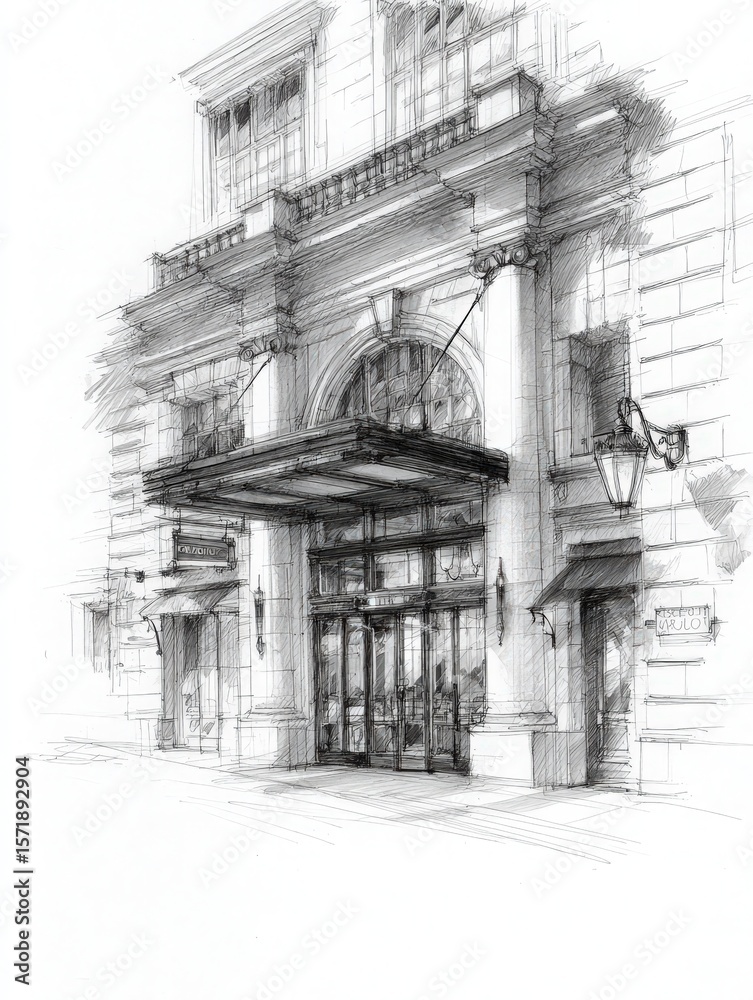 The drawing depicts a grand entrance of a historical building with intricate details and elegant design. The tall columns, large glass doors, and overhead canopy create a welcoming atmosphere.