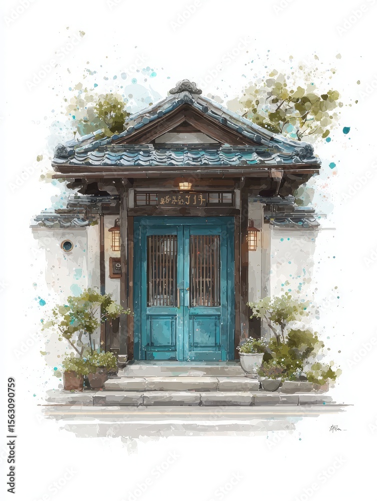 The entrance showcases a beautifully crafted wooden door with intricate details, framed by lush greenery and vibrant splashes of color. The architecture reflects traditional design elements.