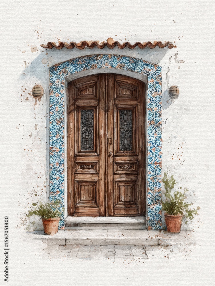 The image showcases a set of rustic wooden doors adorned with intricate blue tiles and flanked by terracotta pots. This inviting entrance exudes a warm and welcoming atmosphere.