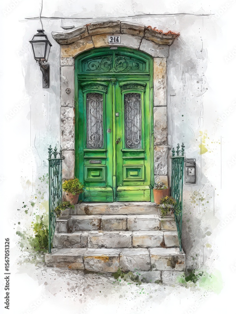 The vibrant green double doors stand out in an attractive stone entrance, showcasing intricate details. Surrounding plants add character to this lovely, inviting entrance.
