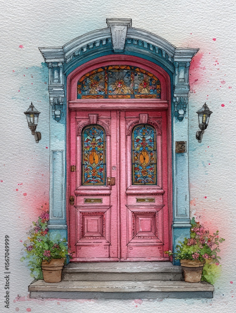 The vibrant pink door features intricate stained glass and is framed by decorative lanterns. Flower pots with colorful blooms add charm, enhancing the inviting appeal of this neighborhood entrance.