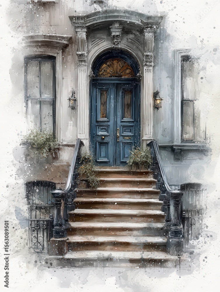 The vintage blue door stands out against a charming building facade, framed by ornate details. The staircase features neatly arranged potted plants, enhancing the inviting atmosphere.