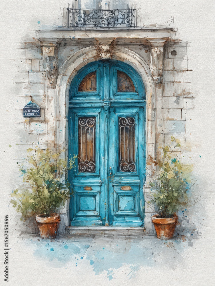 This artistic depiction showcases a vibrant blue door framed by stone walls, adorned with elegant ironwork. Potted plants enhance the welcoming atmosphere, evoking a serene feeling.