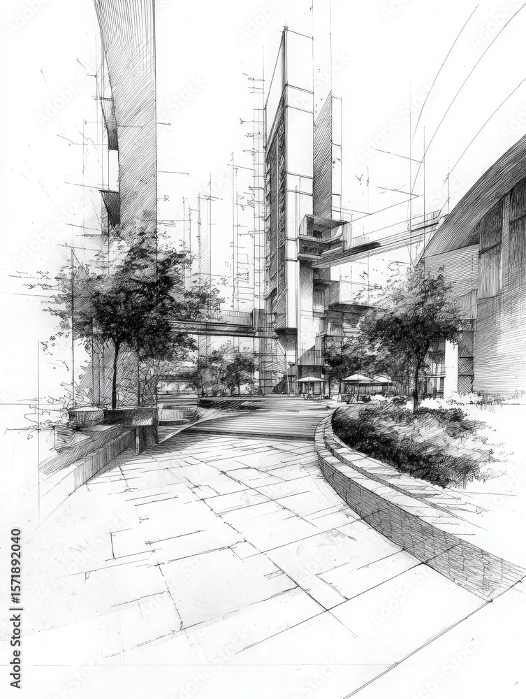 This artistic representation features a detailed urban environment. It highlights modern buildings intertwined with greenery, showcasing landscaped pathways that invite exploration.