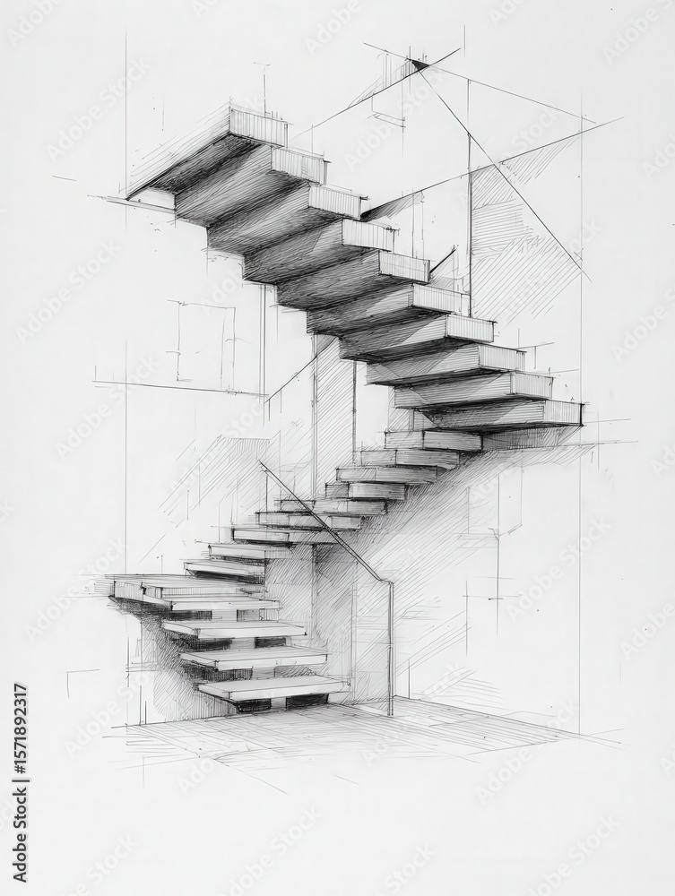 This artwork depicts a contemporary spiral staircase featuring cantilevered steps. The minimalist design emphasizes clean lines and geometric shapes against a stark background.