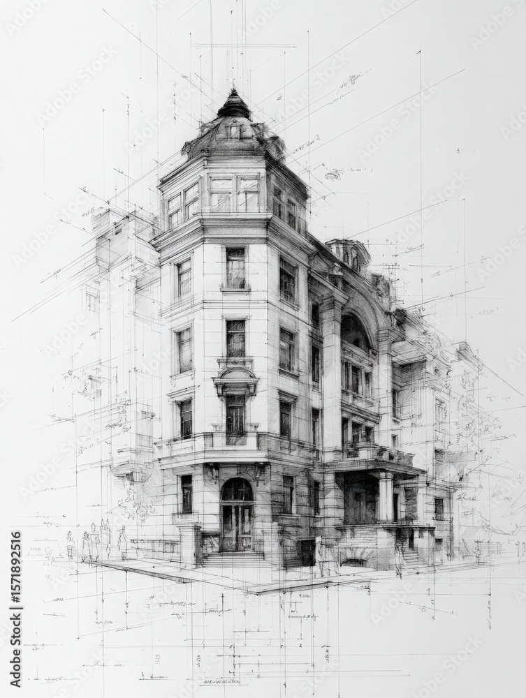 This artwork displays a detailed architectural drawing of a historic building, showcasing intricate line work and perspective.