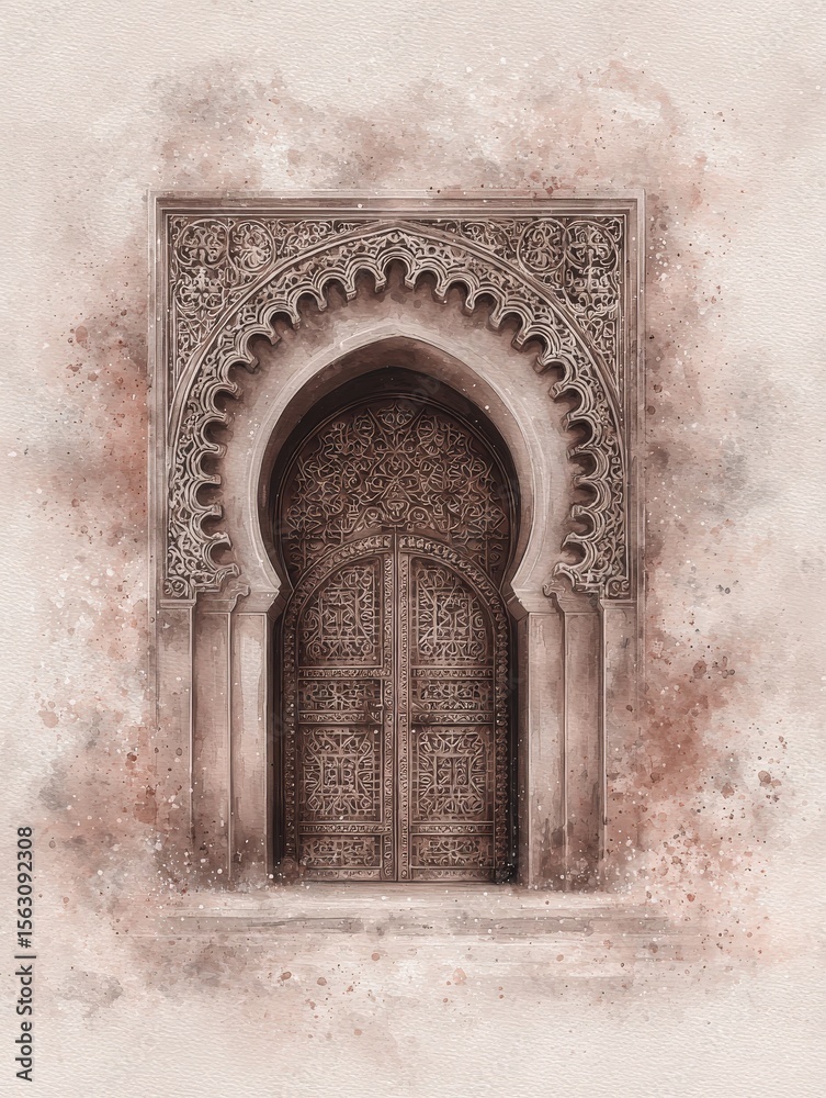 This artwork features a beautifully carved wooden door set against a soft, muted background. The intricate patterns highlight traditional design elements, reflecting cultural artistry.
