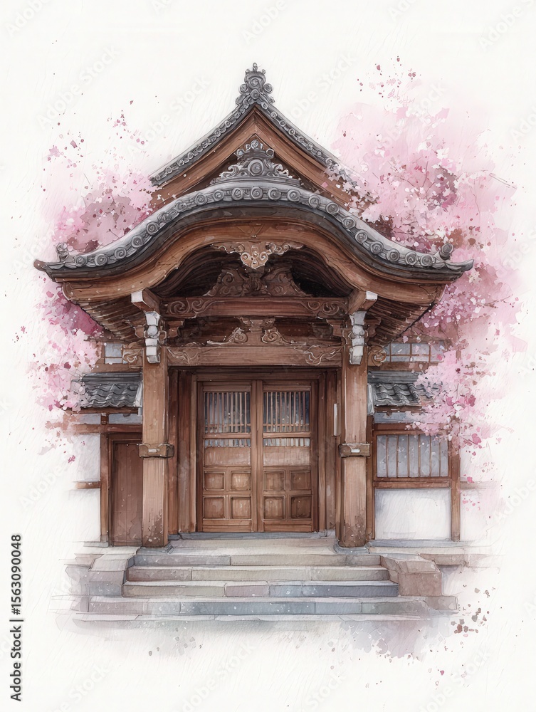 This artwork features a beautifully detailed entrance of a traditional Japanese building surrounded by blooming cherry blossoms. The wooden structure reflects cultural elegance in springtime.