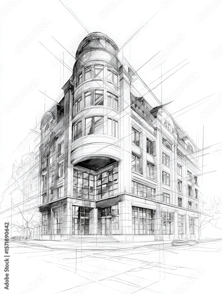 This artwork features a detailed sketch of a modern building design, highlighting its unique architectural elements and structural features in an urban setting.